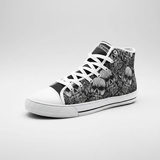 Freaky Shoes® high-top canvas sneakers featuring a black and white skull and rose pattern with white laces and soles.