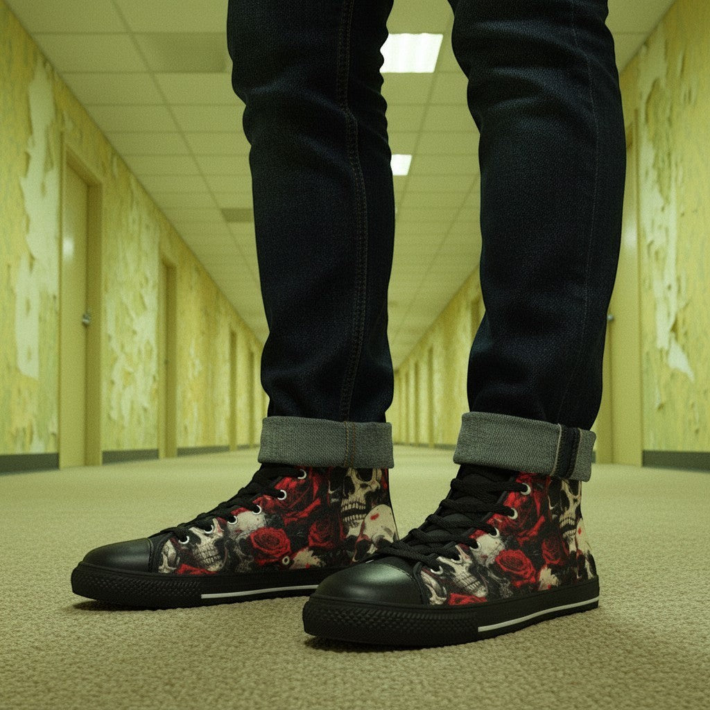 Freaky Shoes® women's high-top canvas sneakers featuring a bold red rose and skull comic book art print