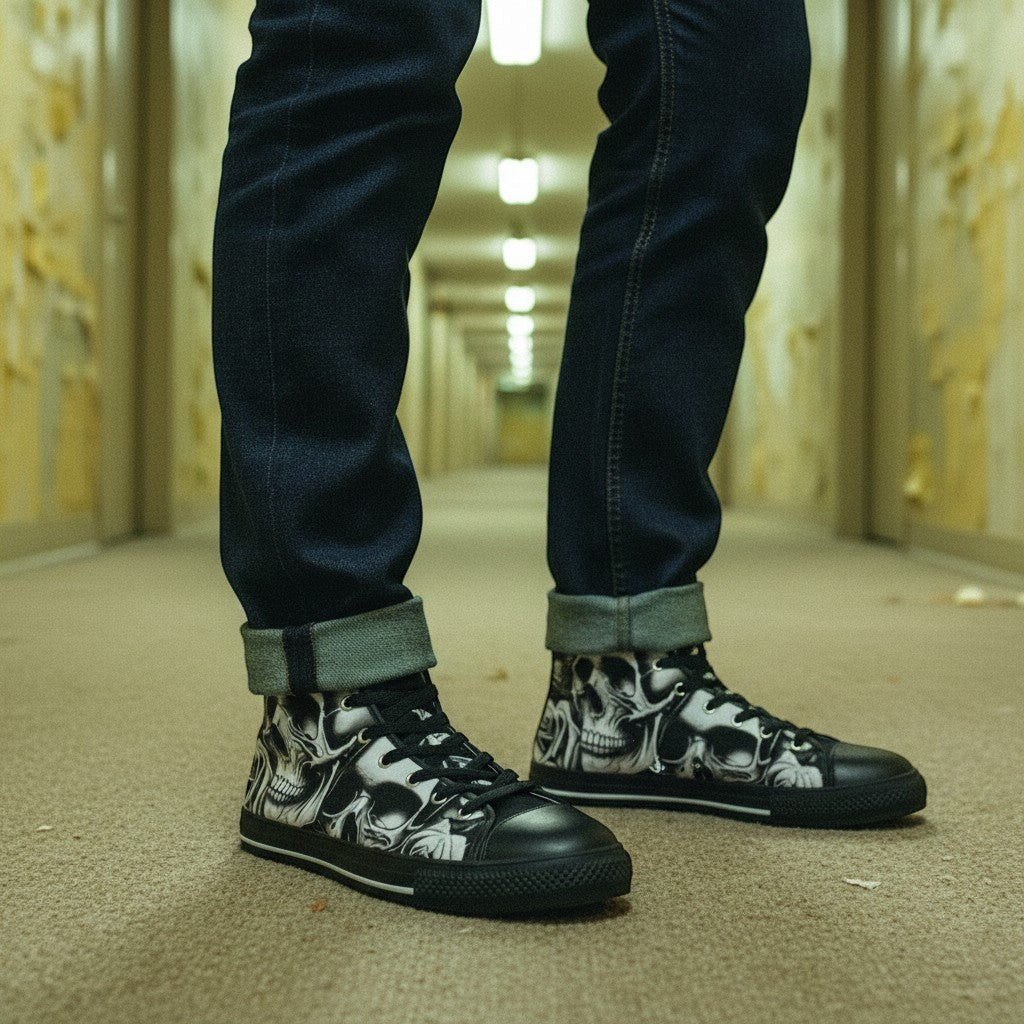 Freaky Shoes® high-top canvas sneakers featuring a black and white cartoon skull and rose print worn with blue jeans.