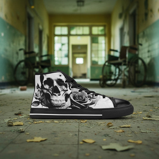 Freaky Shoes® high-top canvas sneakers featuring a black and white cartoon skull and rose print in an abandoned hallway