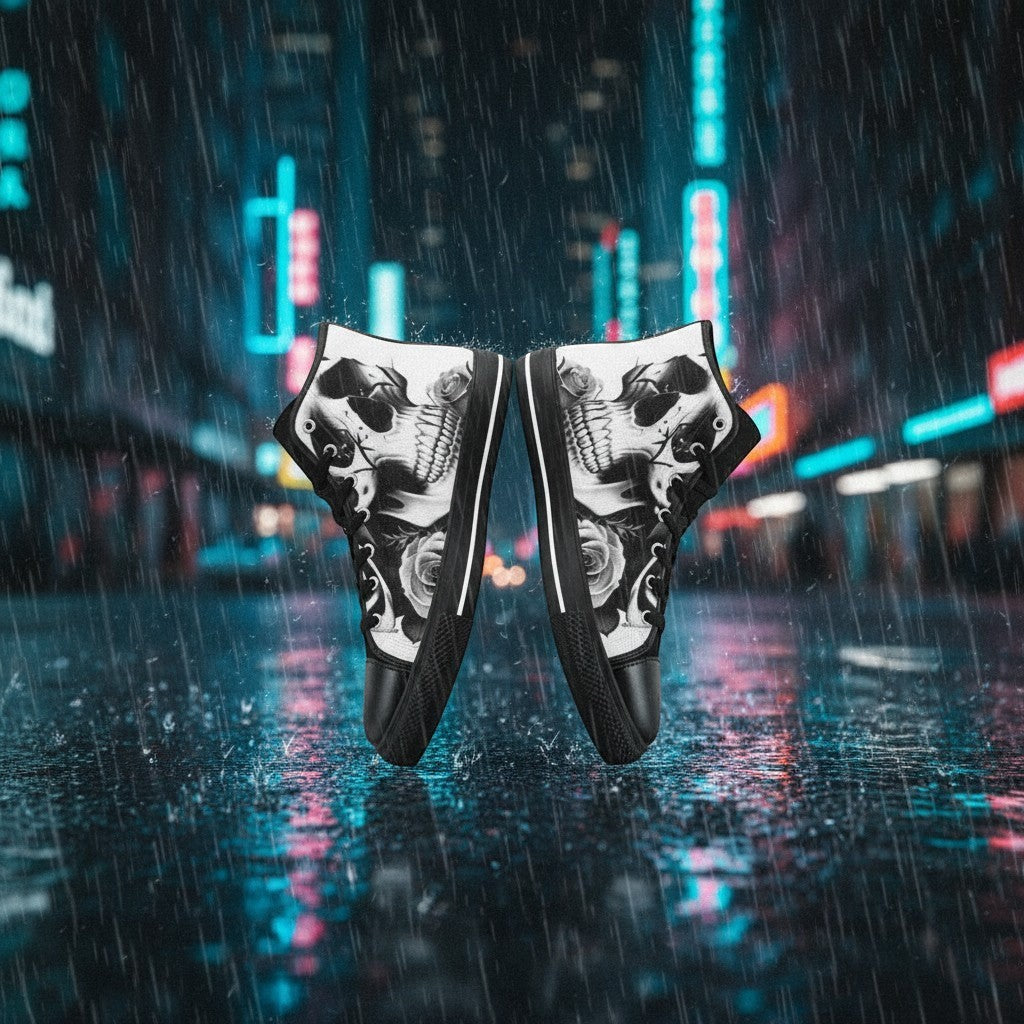 Freaky Shoes® black and white high-top canvas sneakers featuring a detailed skull and rose graphic print in a rainy city.
