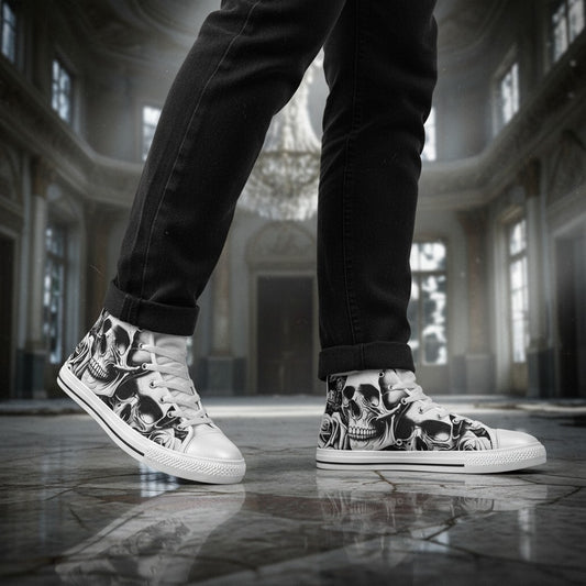 Freaky Shoes® women's high-top canvas sneakers featuring a black and white cartoon skull and rose print.