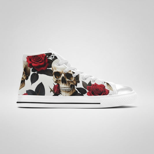 Freaky Shoes® women's high-top canvas sneakers featuring a white base with a bold skull and red rose floral print.