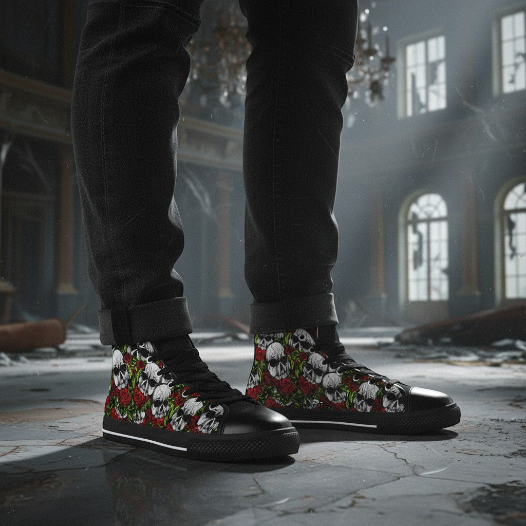 Freaky Shoes® men's high-top canvas sneakers featuring a bold black, white, and red skull and rose print pattern.