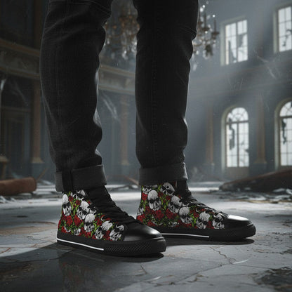 Freaky Shoes® men's high-top canvas sneakers featuring a bold black, white, and red skull and rose print pattern.