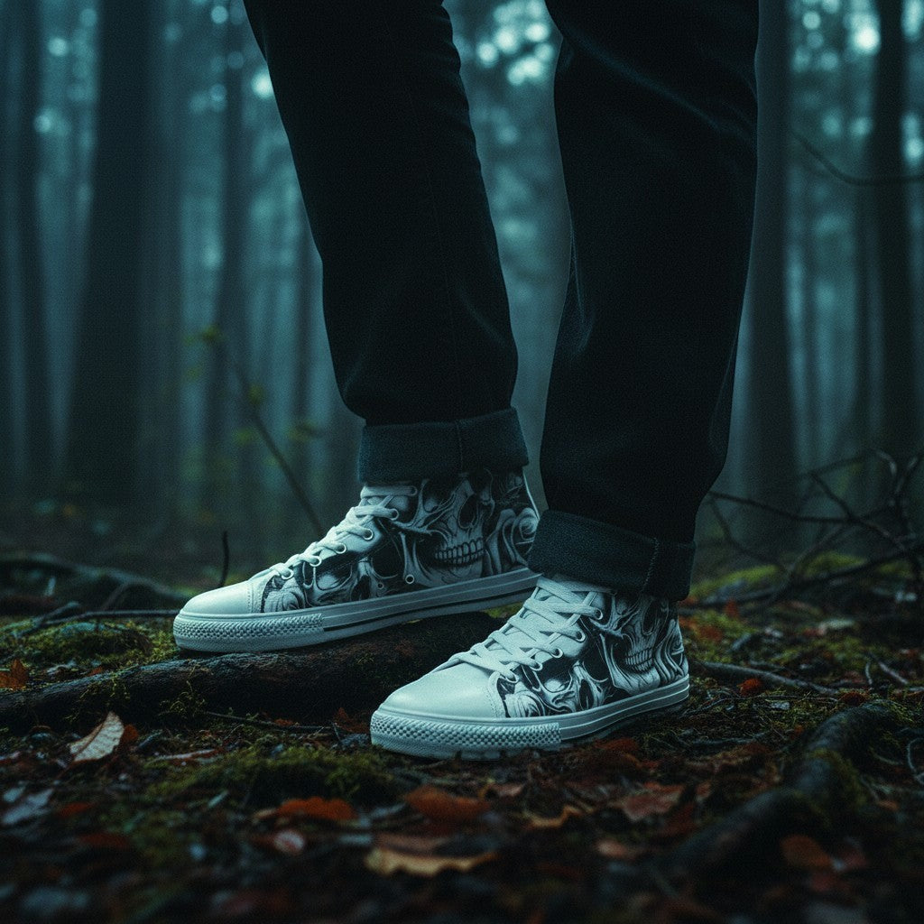 Freaky Shoes® men's high-top canvas sneakers featuring a black and white cartoon skull and rose gothic art design.