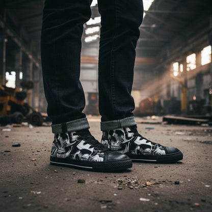 Freaky Shoes® men's high-top canvas sneakers featuring a black and white cartoon skull and rose print in an industrial setting