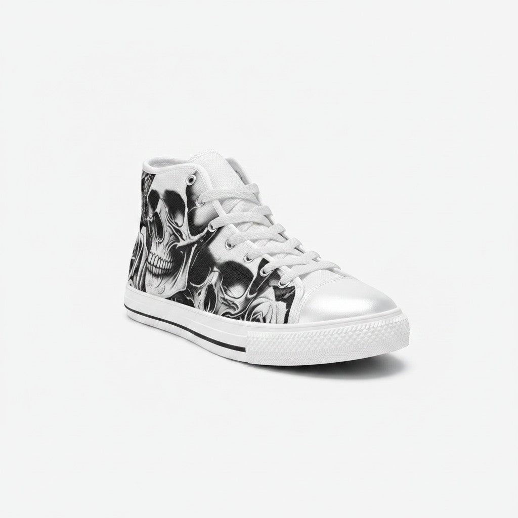 Freaky Shoes® men's high-top canvas sneakers featuring a black and white cartoon skull and rose print design.