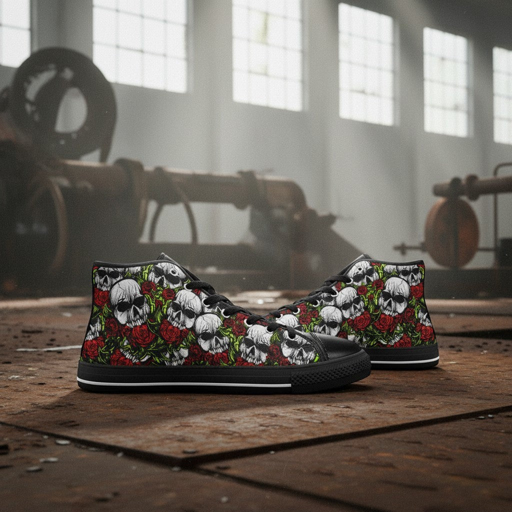 Freaky Shoes® men's high-top canvas sneakers featuring a bold black, white, and red skull and rose floral print.