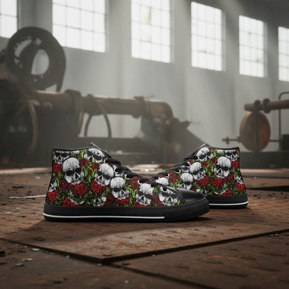 Freaky Shoes® men's high-top canvas sneakers featuring a bold black, white, and red skull and rose floral print.