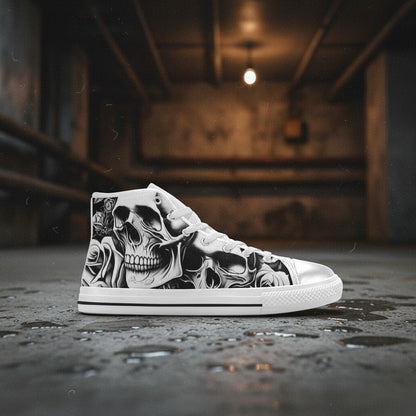 Freaky Shoes® high-top canvas sneakers featuring a black and white cartoon skull and rose print on a wet street