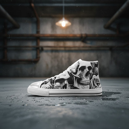 Freaky Shoes® high-top canvas sneakers featuring a black and white cartoon skull and rose print on a concrete floor.