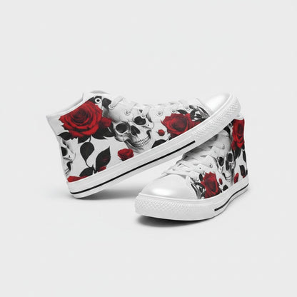 Freaky Shoes® men's high-top canvas sneakers featuring a bold black and white skull and red rose floral print pattern.