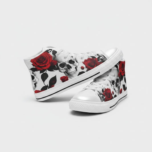 Freaky Shoes® men's high-top canvas sneakers featuring a bold black and white skull and red rose floral print pattern.