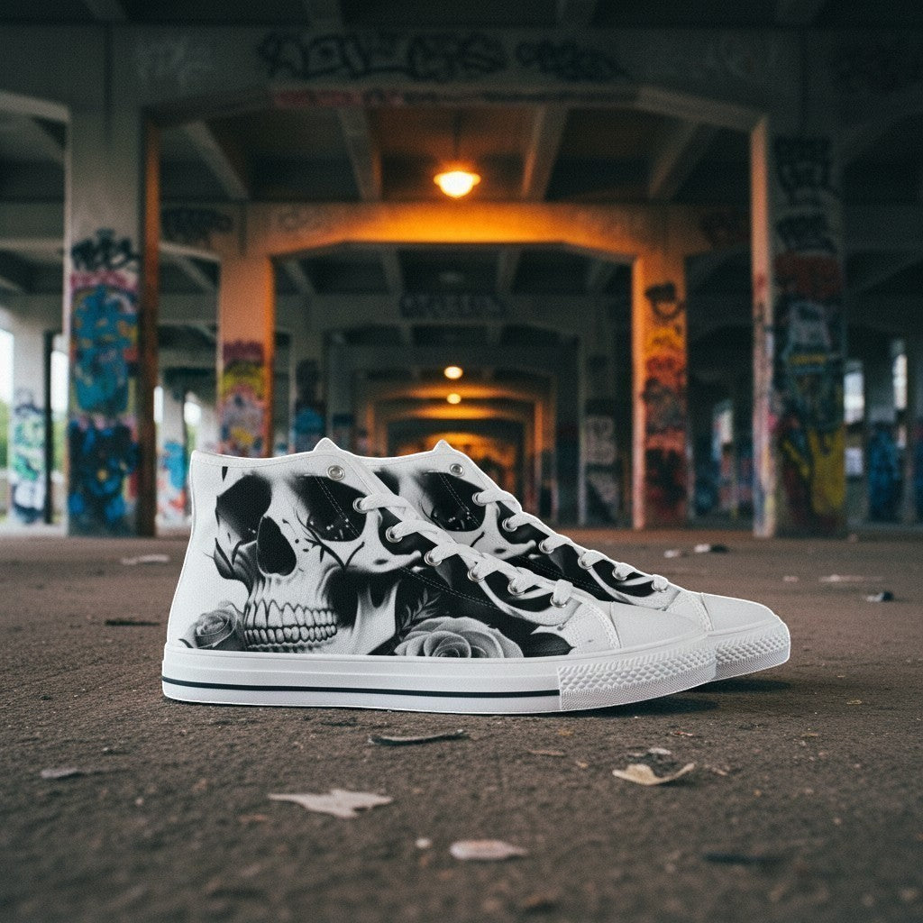 Freaky Shoes® high-top canvas sneakers featuring a black and white skull and rose print in an urban setting