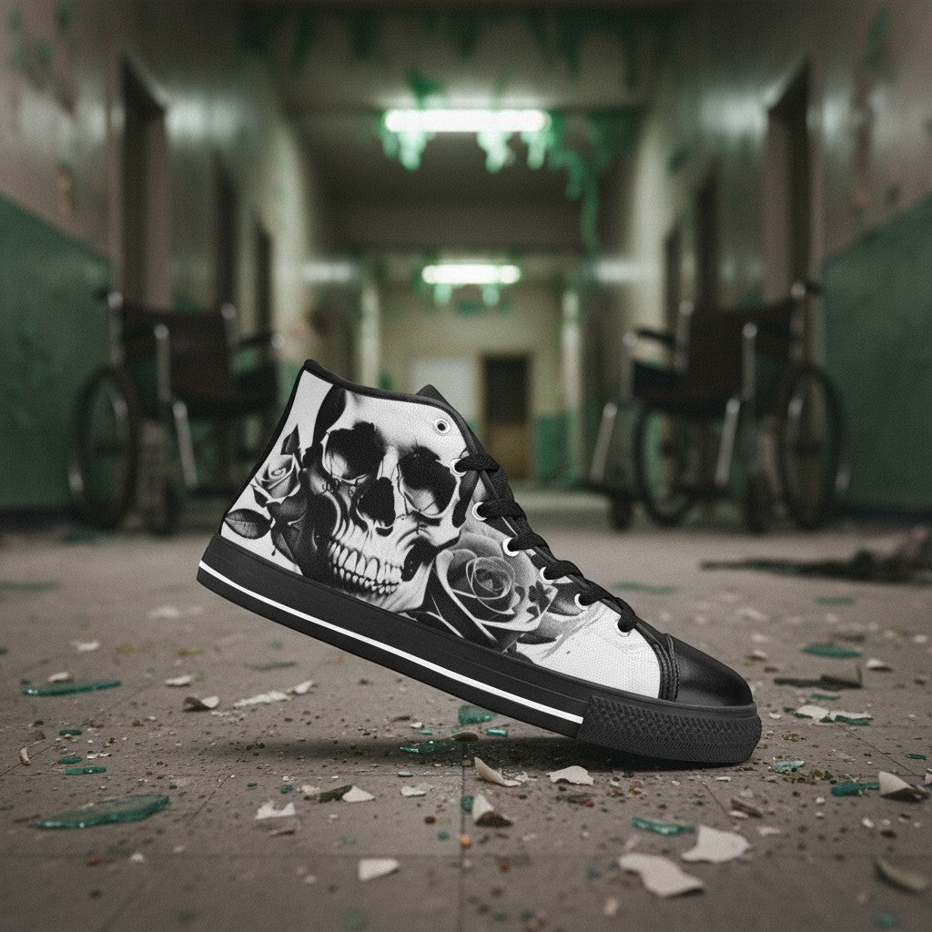 Freaky Shoes® high-top canvas sneakers featuring a black and white cartoon skull and rose print in a gritty hallway.