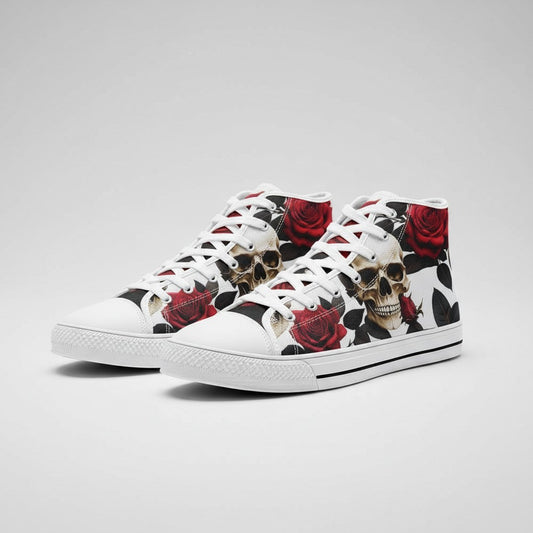 Freaky Shoes® high-top canvas sneakers featuring a bold skull and red rose print with white laces and rubber soles.
