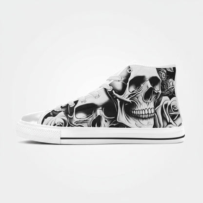 Freaky Shoes® men's high-top canvas sneakers featuring a black and white cartoon skull and rose print side profile.