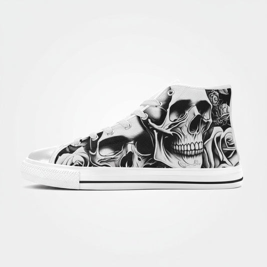 Freaky Shoes® men's high-top canvas sneakers featuring a black and white cartoon skull and rose print side profile.