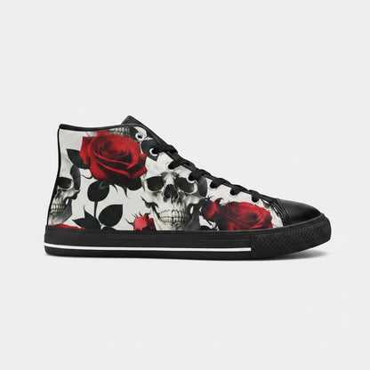 Freaky Shoes® men's high-top canvas sneakers featuring a bold black and white skull and red rose graphic print.