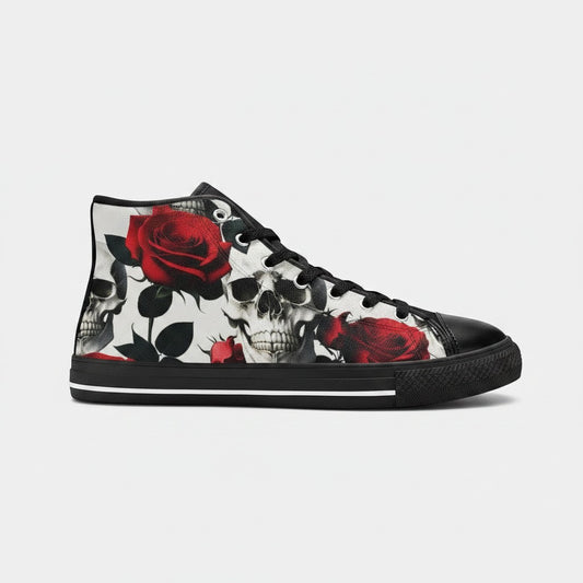 Freaky Shoes® men's high-top canvas sneakers featuring a bold black and white skull and red rose graphic print.