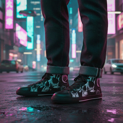 Freaky Shoes® high-top canvas sneakers featuring a black and white greyscale skull and rose print on a city street.