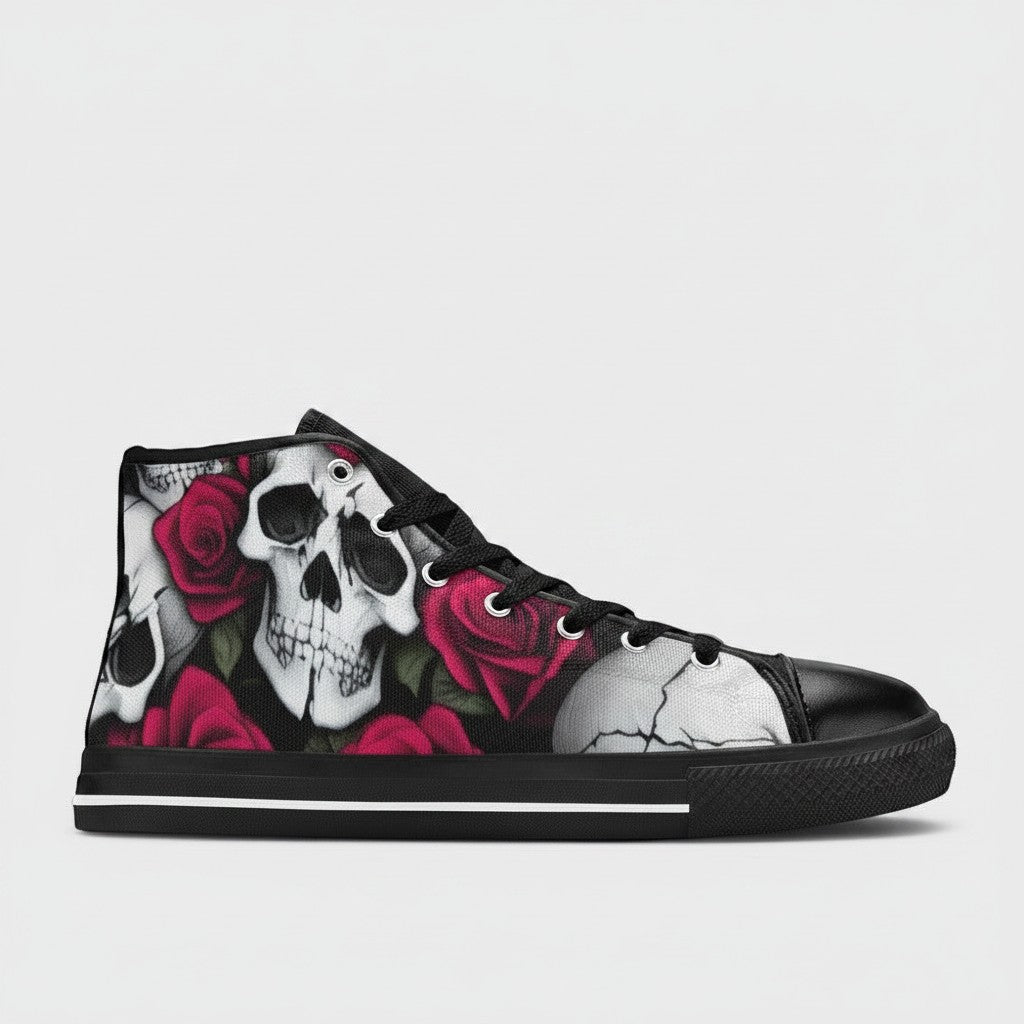 Freaky Shoes® women's high-top canvas sneakers featuring a bold black, white, and red skull and rose floral print.