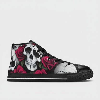 Freaky Shoes® women's high-top canvas sneakers featuring a bold black, white, and red skull and rose floral print.