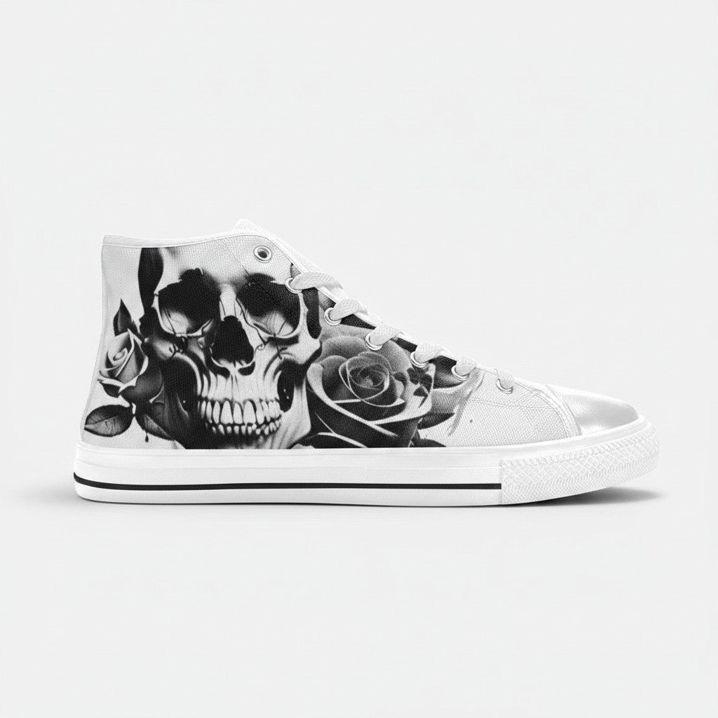 Freaky Shoes® men's high-top canvas sneakers featuring a black and white cartoon skull and rose print design.