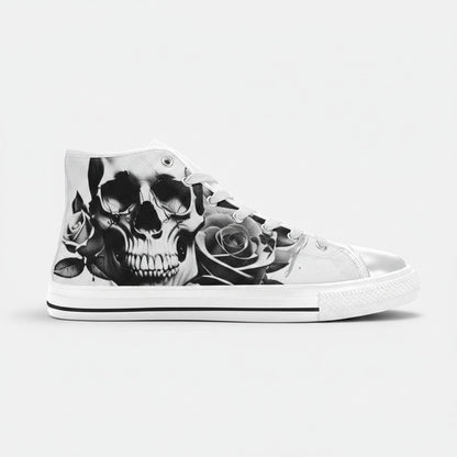 Freaky Shoes® men's high-top canvas sneakers featuring a black and white cartoon skull and rose print design.