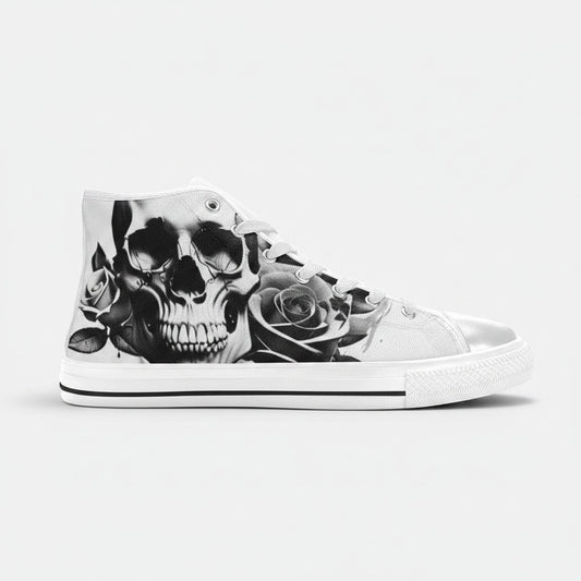 Freaky Shoes® men's high-top canvas sneakers featuring a black and white cartoon skull and rose print design.