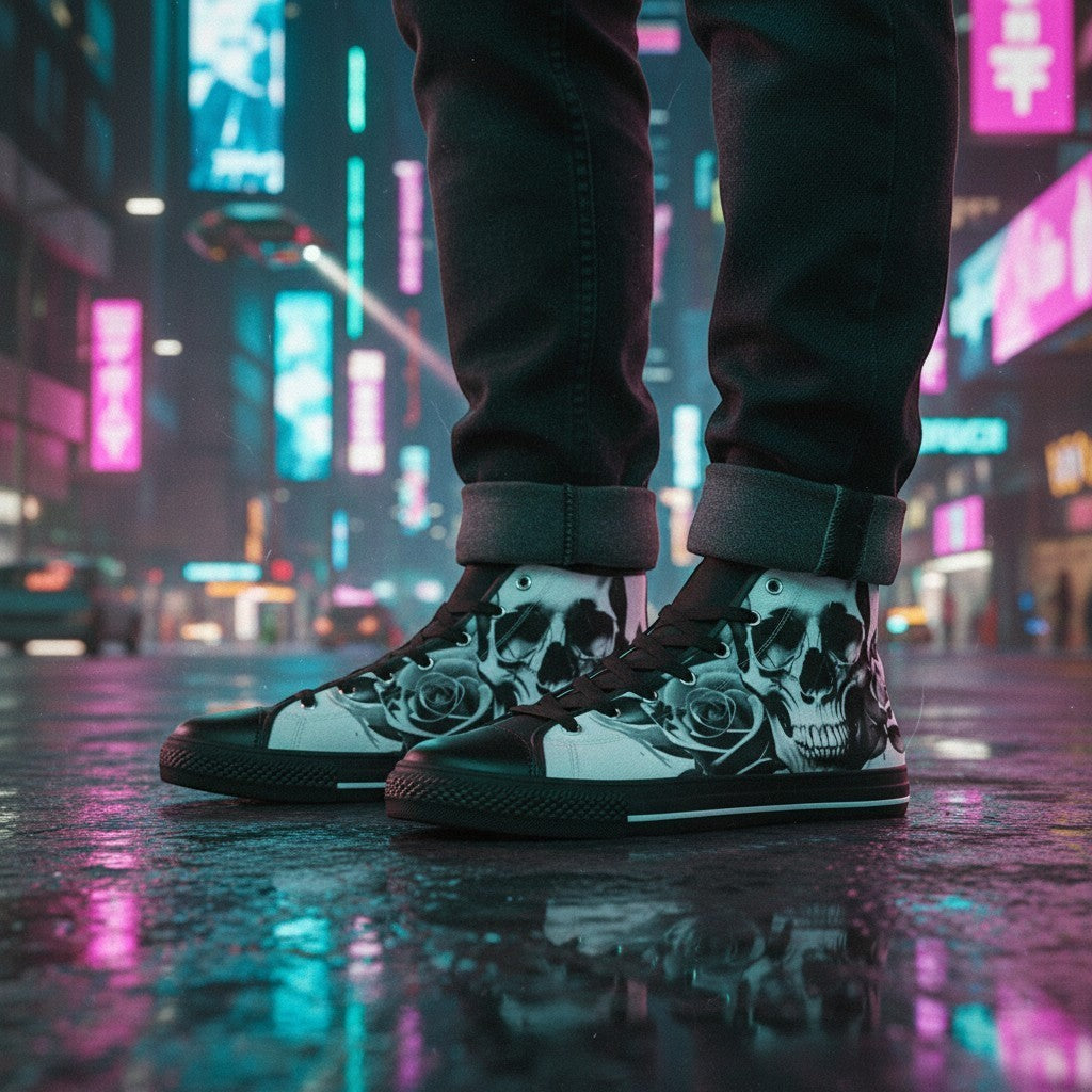 Freaky Shoes® high-top canvas sneakers featuring a black and white cartoon skull and rose print on a city street.