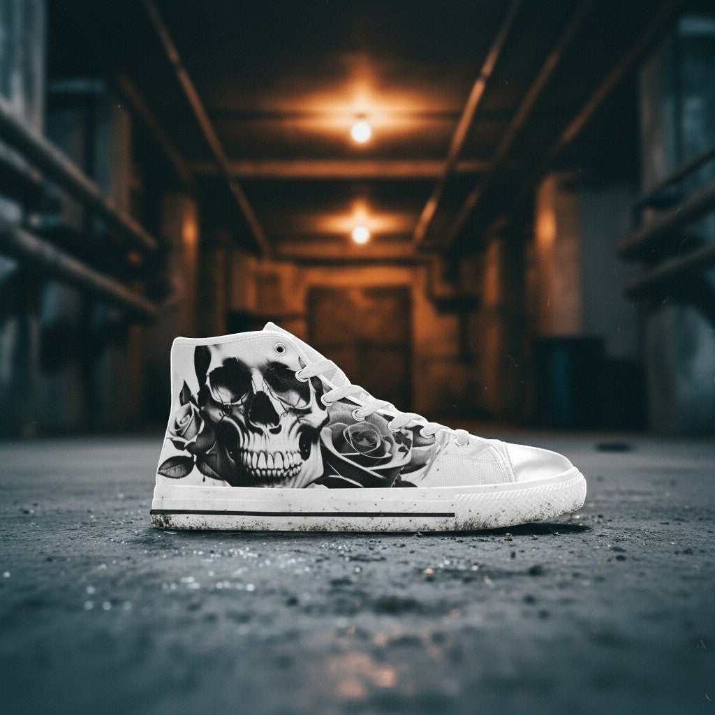 Freaky Shoes® women's high-top canvas sneakers featuring a black and white cartoon skull and rose graphic print.