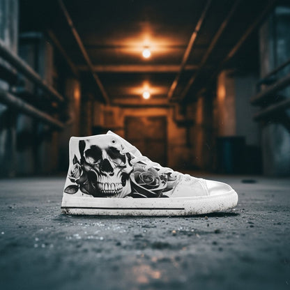 Freaky Shoes® women's high-top canvas sneakers featuring a black and white cartoon skull and rose graphic print.