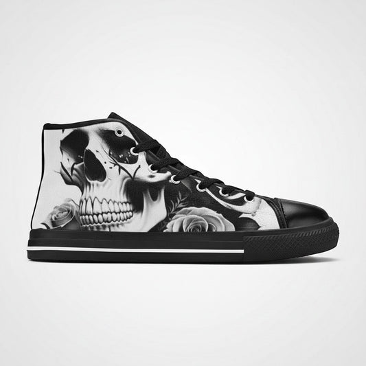 Freaky Shoes® women's high-top canvas sneakers featuring a black and white skull and rose graphic print.