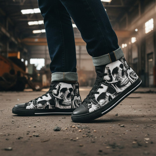 Freaky Shoes® men's high-top canvas sneakers featuring a black and white cartoon skull and rose print