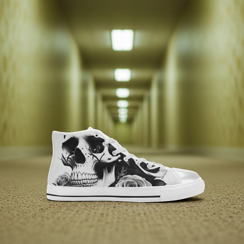 Freaky Shoes® women's high-top canvas sneakers featuring a black and white skull and rose print on a blurred background