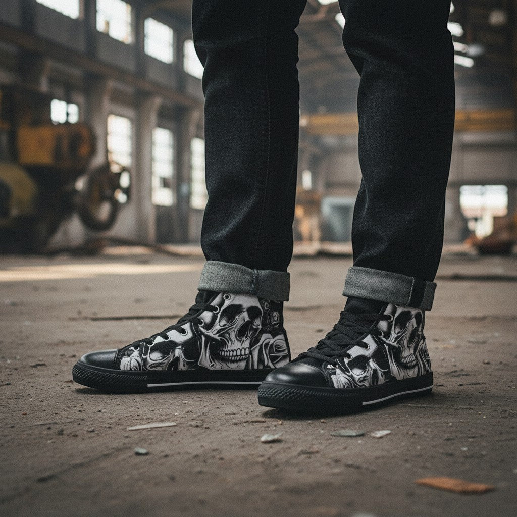 Freaky Shoes® men's high-top canvas sneakers featuring a black and white cartoon skull and rose print in an urban setting