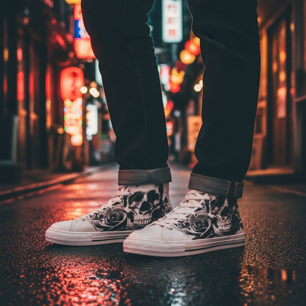 Freaky Shoes® men's high-top canvas sneakers featuring a black and white cartoon skull and rose print on a city street.
