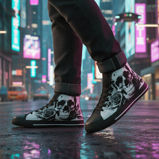 Freaky Shoes® women's black and white high-top canvas sneakers featuring a cartoon skull and rose print on city street