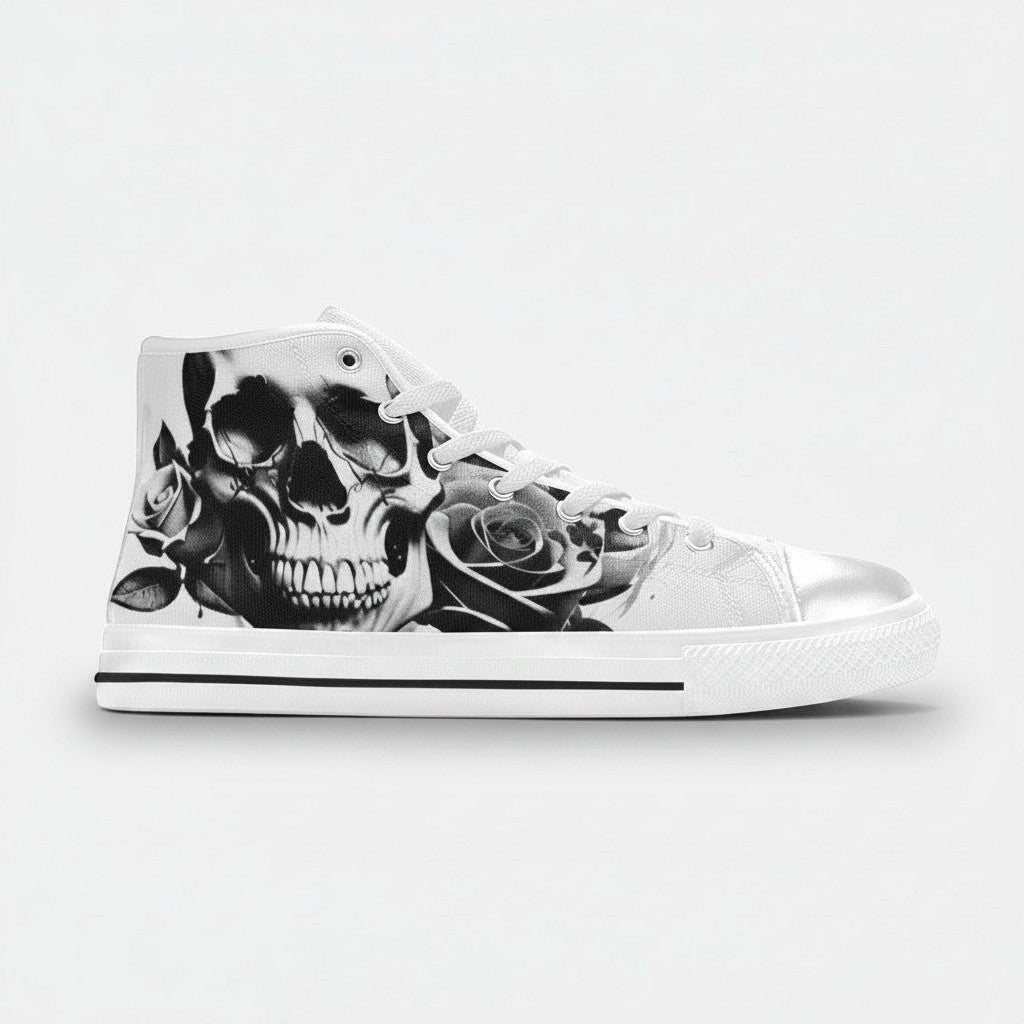 Freaky Shoes® women's high-top canvas sneakers featuring a black and white cartoon skull and rose print