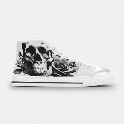 Freaky Shoes® women's high-top canvas sneakers featuring a black and white cartoon skull and rose print