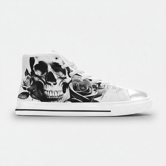 Freaky Shoes® women's high-top canvas sneakers featuring a black and white cartoon skull and rose print