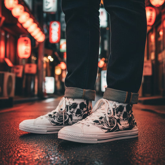 Freaky Shoes® men's high-top canvas sneakers featuring a black and white cartoon skull and rose print on city street