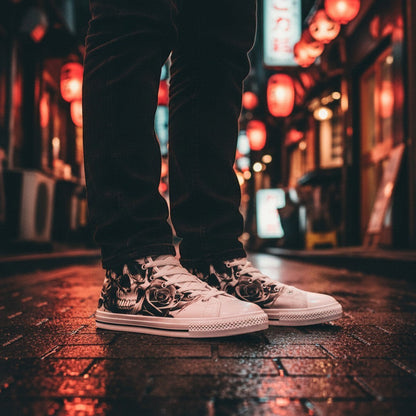 Freaky Shoes® high-top canvas sneakers featuring a black and white cartoon skull and rose print on a city street.