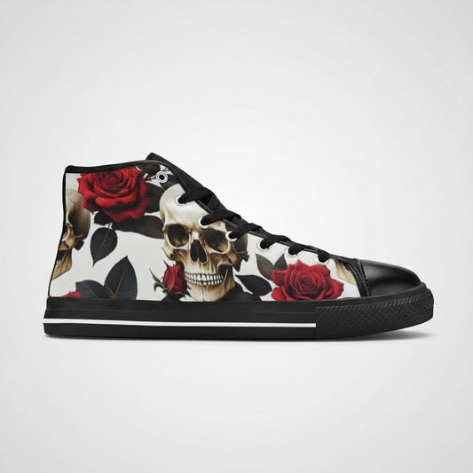 Freaky Shoes® women's high-top canvas sneakers featuring a bold skull and red rose print on a white background.