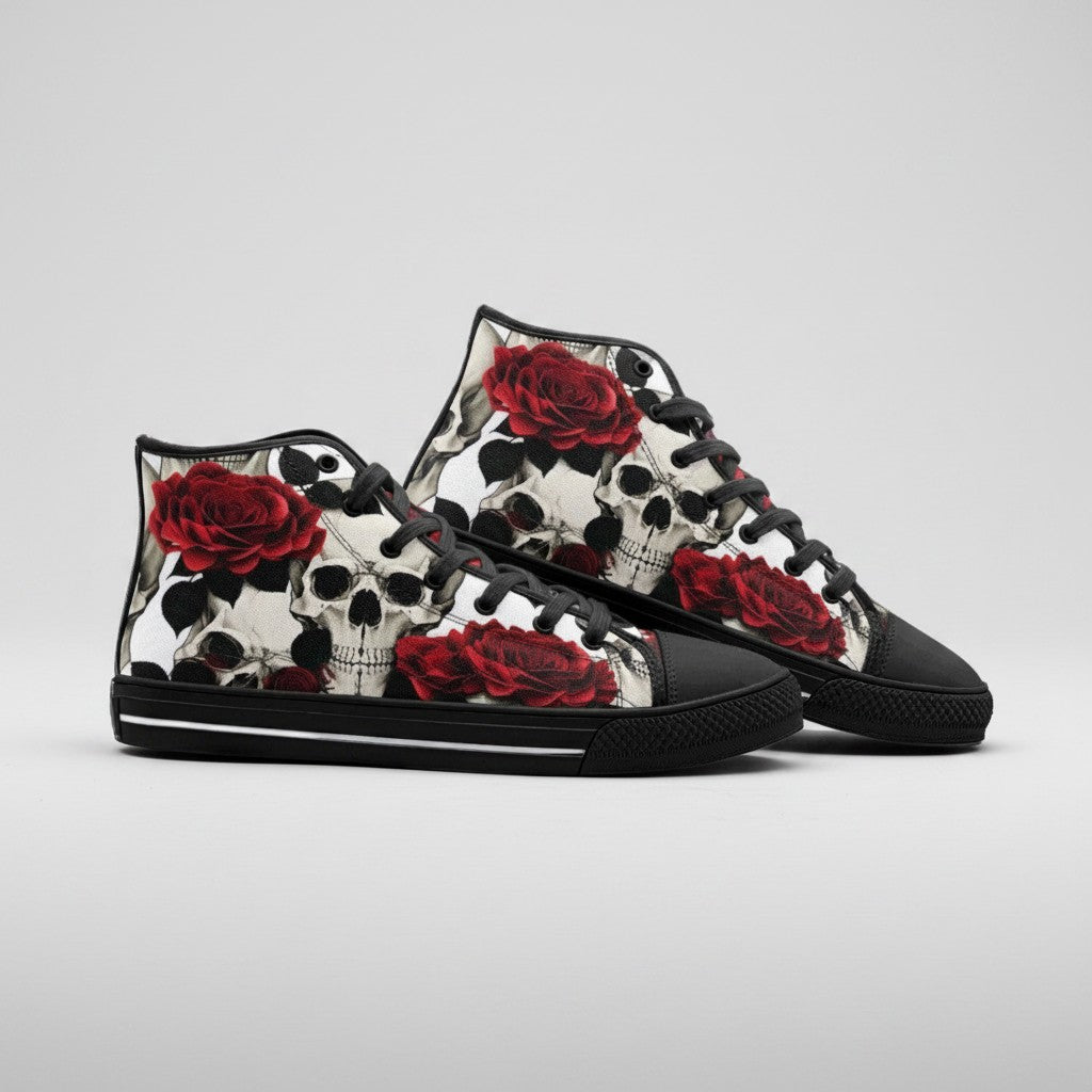 Freaky Shoes® high-top canvas sneakers featuring a detailed black and white skull and red rose floral print.
