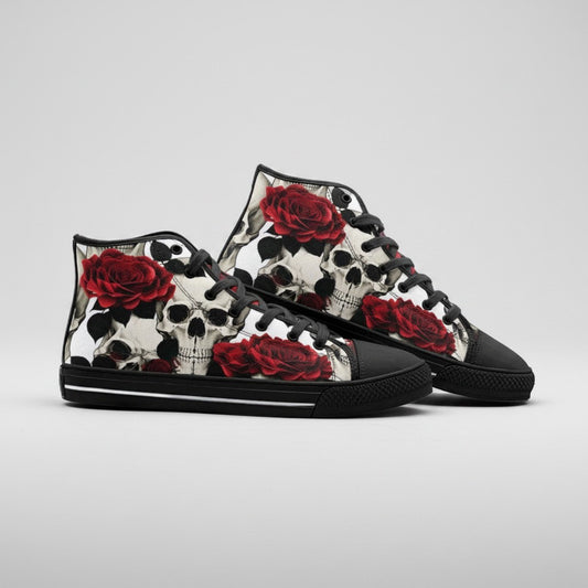 Freaky Shoes® high-top canvas sneakers featuring a detailed black and white skull and red rose floral print.