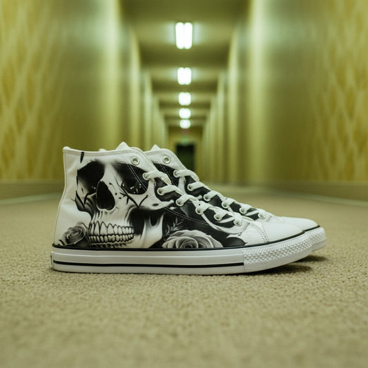 Freaky Shoes® women's black and white high-top canvas sneakers featuring a detailed skull and rose print design.