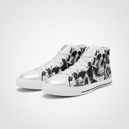 Freaky Shoes® men's high-top canvas sneakers featuring a black and white cartoon skull and rose print design.